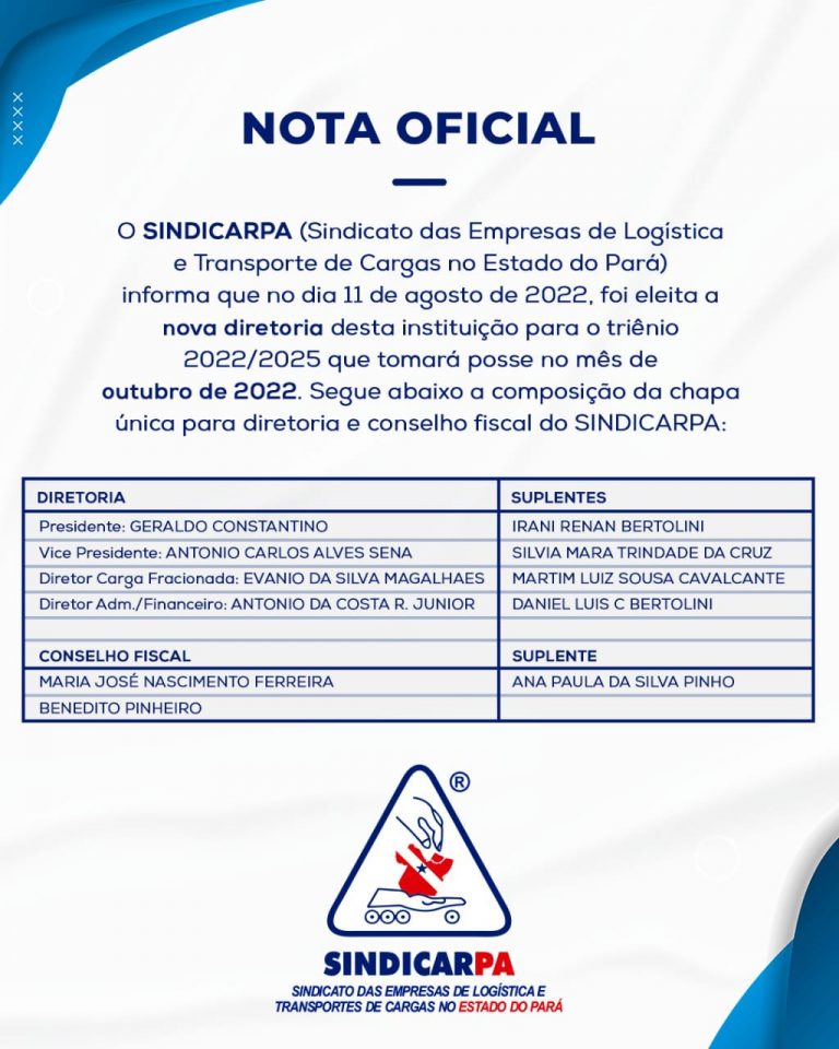 Nota Oficial da nova formação da diretoria SINDICARPA, triênio 2022/2025